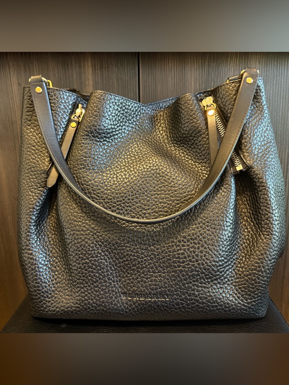 Burberry Black Pebbled Leather Hobo Shoulder Bag with Gold Hardware